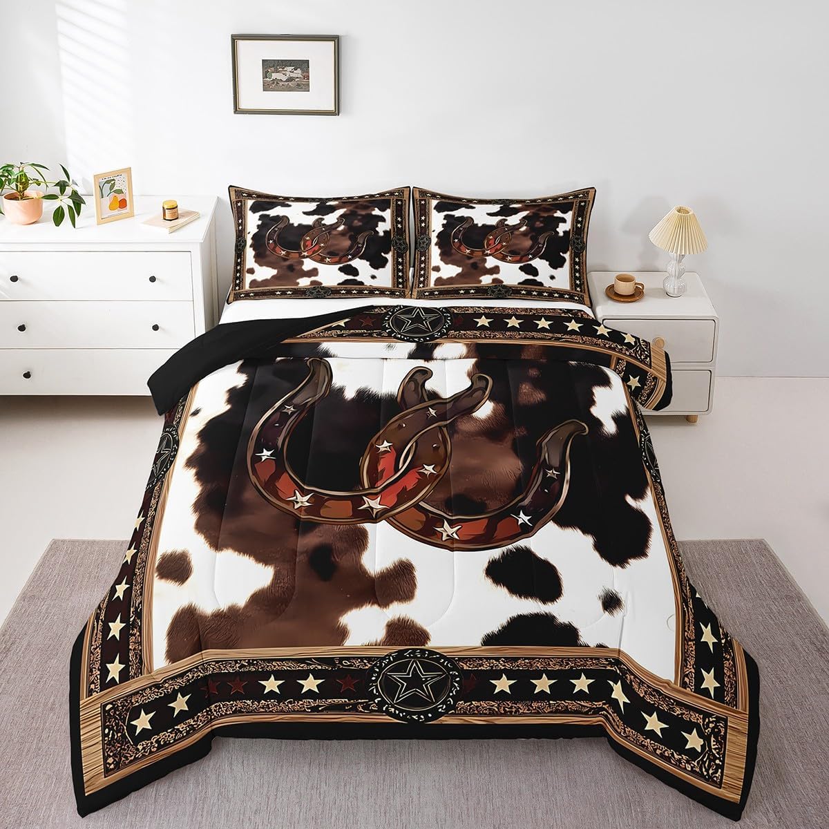 Feelyou Western Decor Comforter Set King Size Wild Western Cowboy Comforter Rodeo Cowboy Style Bedding Set Grunge Design Duvet Set Room Decor Brown White Quilt Set