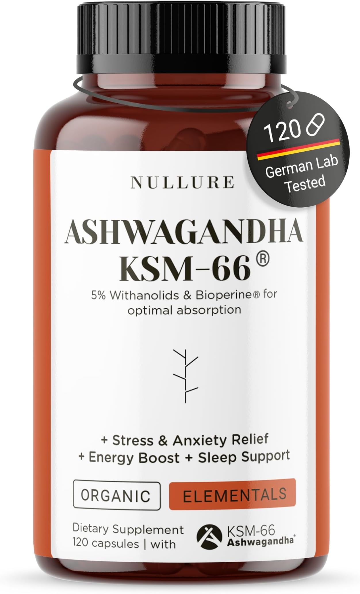 Nullure Organic Ashwagandha KSM-66 + Bioperine | Vegan | 600mg | Anxiety Relief · Anti-Stress (Cortisol) · Endurance · Sleep Quality | Additives Free | 5% Withanolides | 120 Capsules (2 Months)
