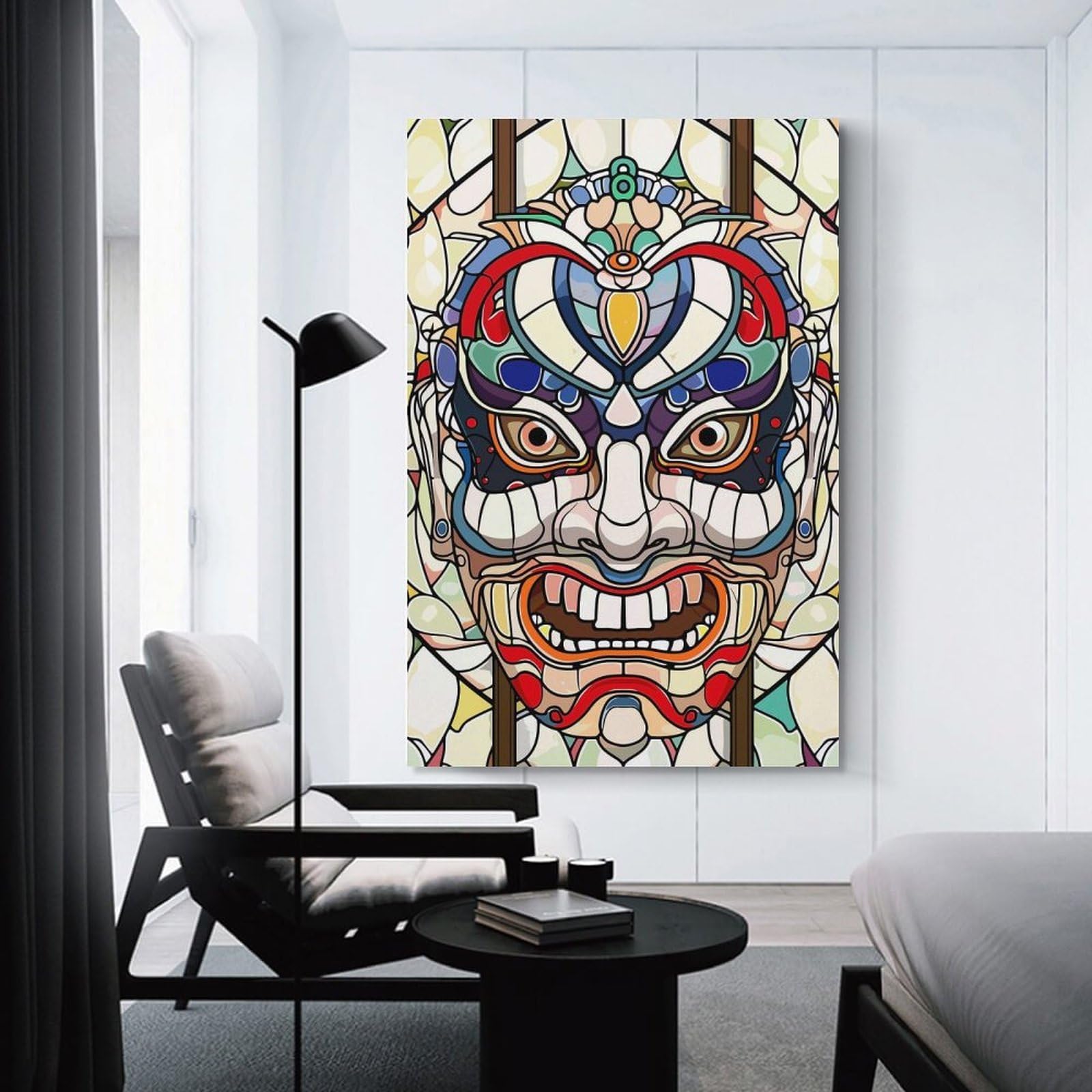Junmoney Stained Glass Japanese Mask Hanging Wall Art, 24x36inch(60x90cm), for Living Room, Bedroom, Office Or Hallway, Decorative Artwork with Broad Appeal
