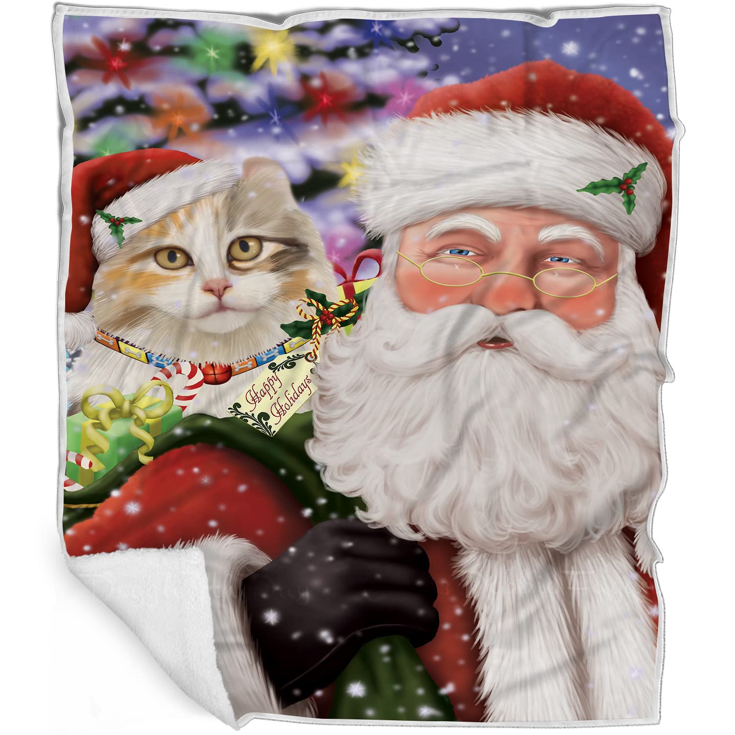 Doggie of the Day American Curl Cat Blanket - Christmas Santa Carrying Presents - Super Soft & Warm Pet Theme for Sofa or Bed, Warm Fleece, Sherpa or Woven Material, BLNKT160014 (60x80 Fleece)