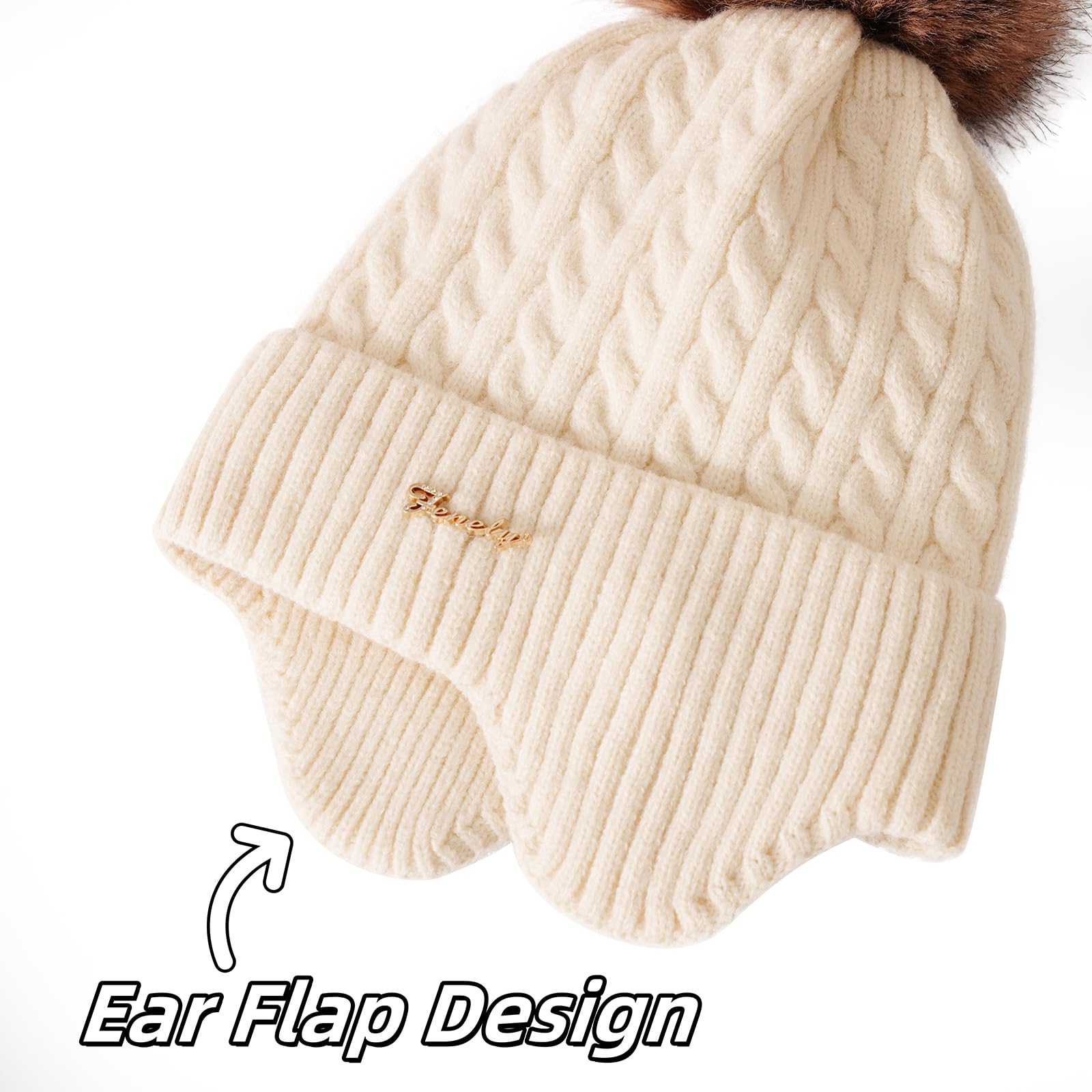 Set invernale da donna, con cappello e sciarpa, guanti classici con pompon rimovibile, sciarpa lunga e guanti touchscreen, set 3 in 1