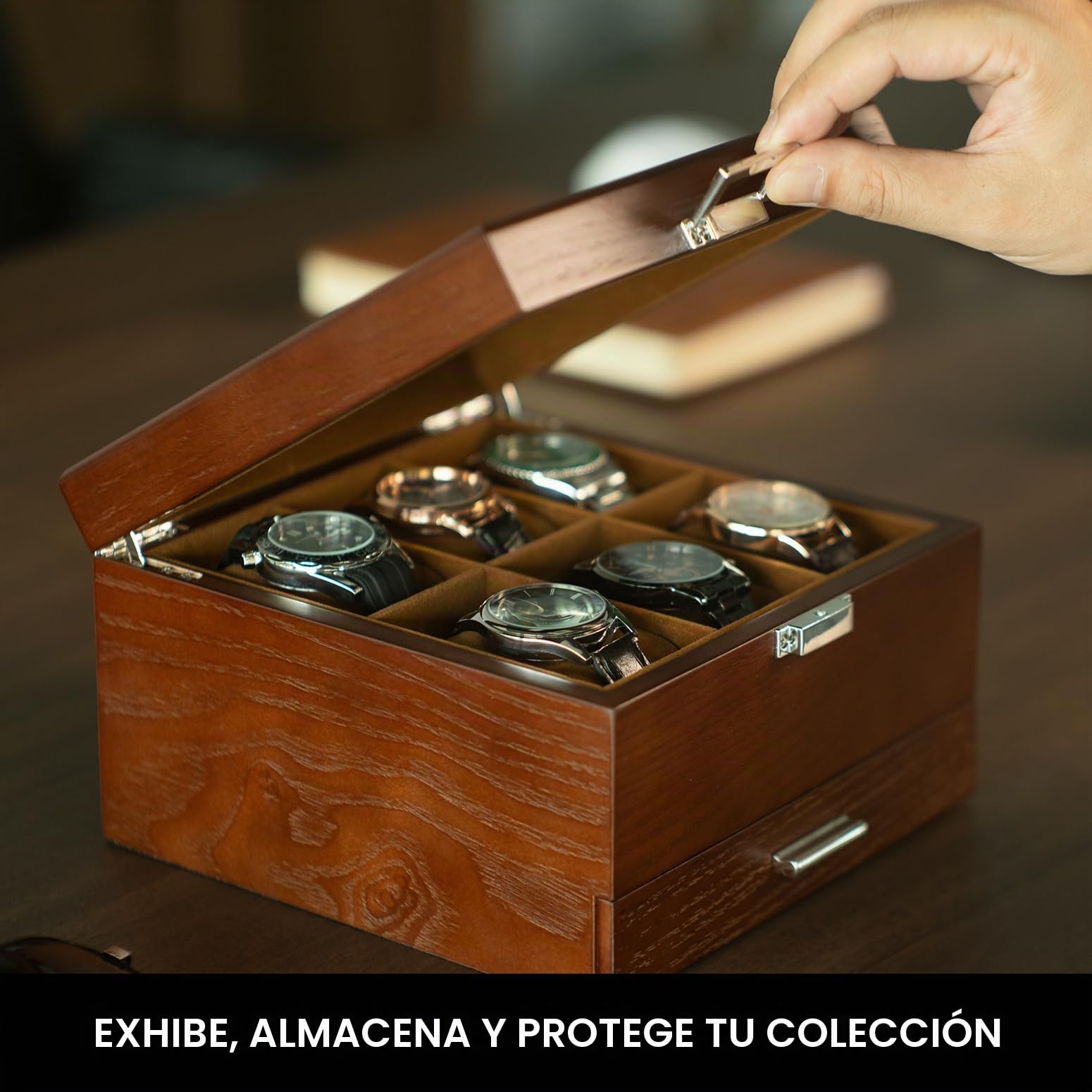 Slege Caja para Relojes Hecha a Mano de Madera, 6 Compartimentos y 2 Niveles con Cajón, Tapa de Madera con Ventana de Vidrio, Organizador Grande, Regalo Elegante para Hombre y Mujer