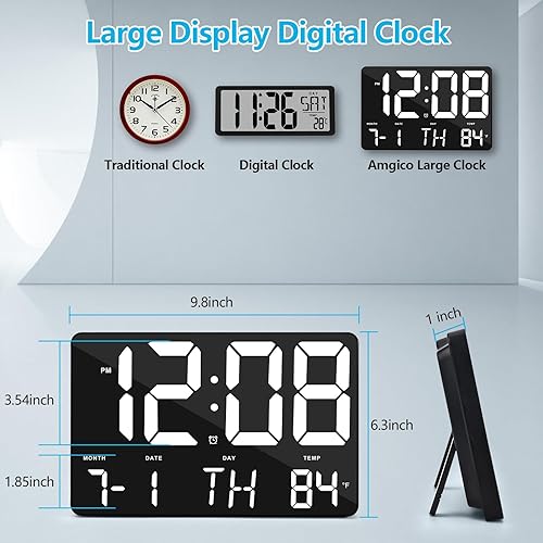 Miniatura 4 de Amgico Reloj despertador digital con repetición, temperatura, atenuación automática, calendario de pantalla grande de 11.5 pulgadas, reloj de