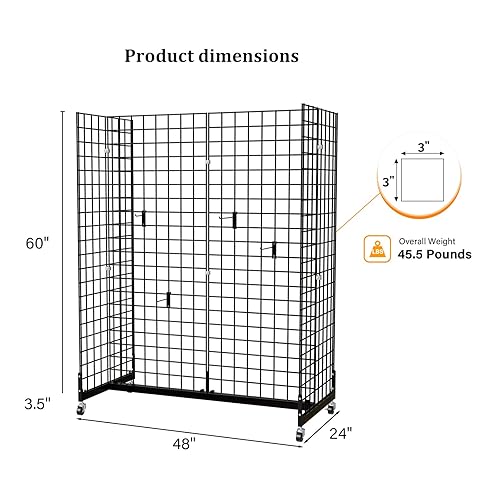 Miniatura 3 de Bonnlo Torre de pared de rejilla de góndola de 5 x 2 pies, rejilla de alambre de pie con base rodante, accesorio de panel de rejilla para exhibición