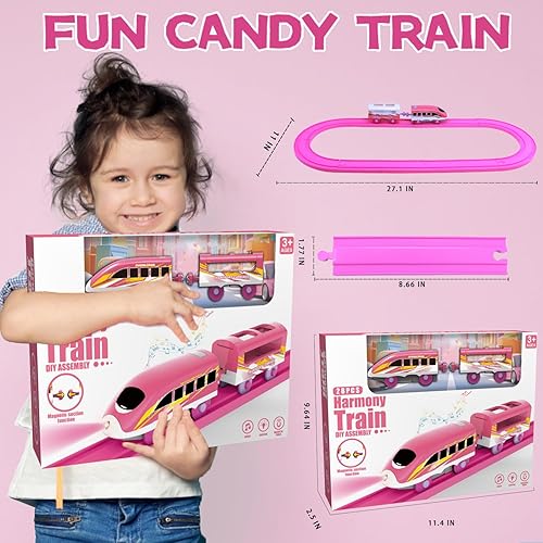 Miniatura 7 de Juegos de tren rosa para niños pequeños, juguetes musicales de tren eléctrico con camión de helado de bricolaje, rompecabezas de espuma 3D, kit de
