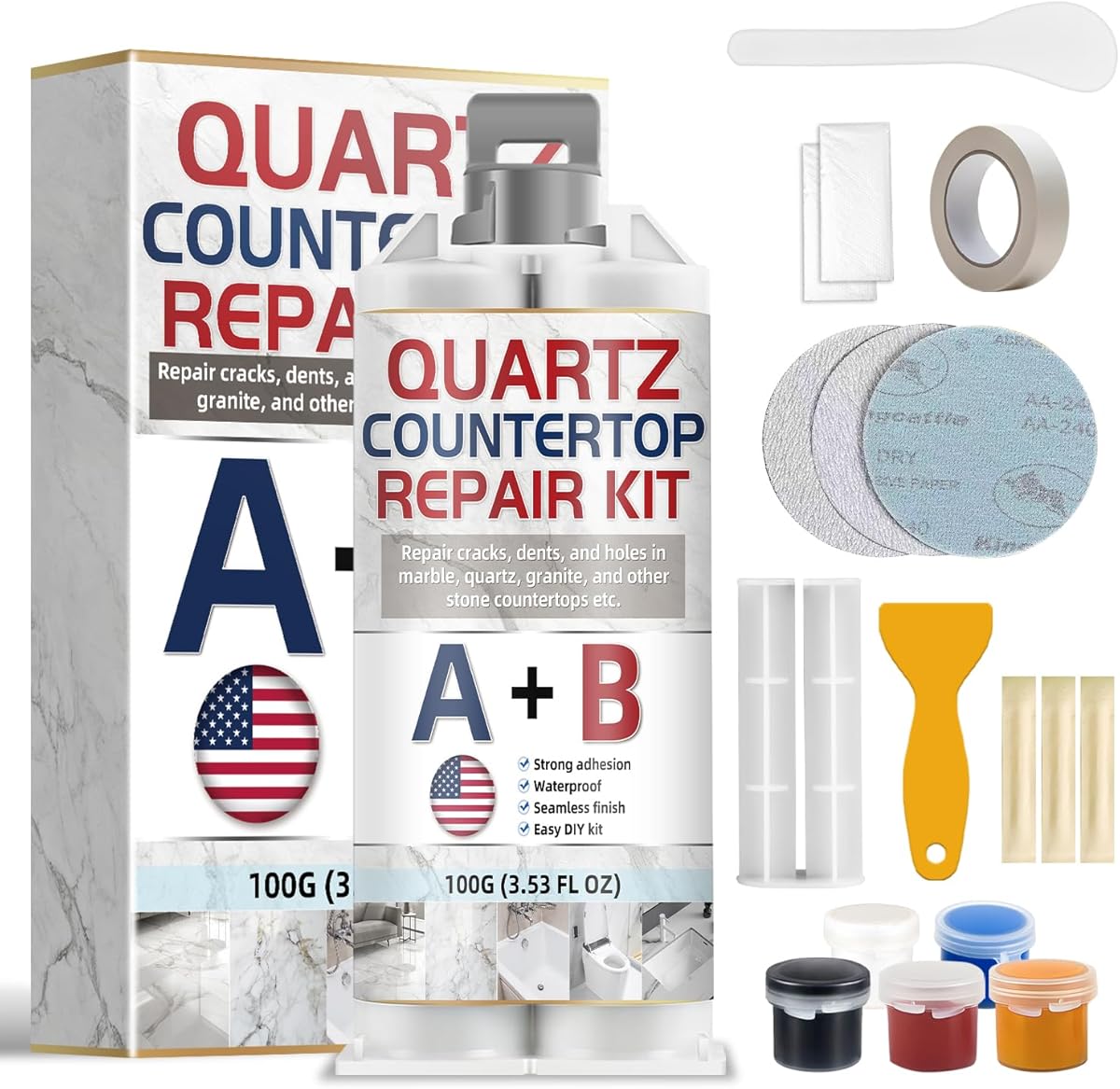 Quartz Countertop Repair Kit, Granite Repair Kit, Strong Bond, Seamless Fix, Ideal for Mable, Porcelain, Tile, Sink Crack, Chip Scratch, Hole, 100g