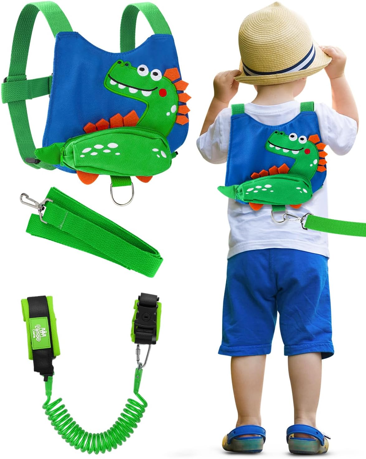 Lehoo Castle Baby Reins, 4 in 1 Toddler Reins for Walking 1-3 Years with Anti Lost Wrist Link, Reins for Toddlers Boys Girls with Safety Harness - Dinosaur Blue