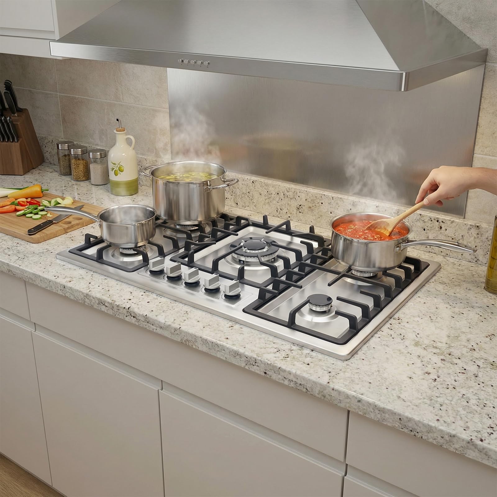 Plaque de cuisson à gaz, 5 flammes, en acier inoxydable, plaque à gaz encastrable avec protection contre la coupure de flamme, 3,3 kW/2,75 kW/1,75 kW/1 kW, pour la maison, le restaurant