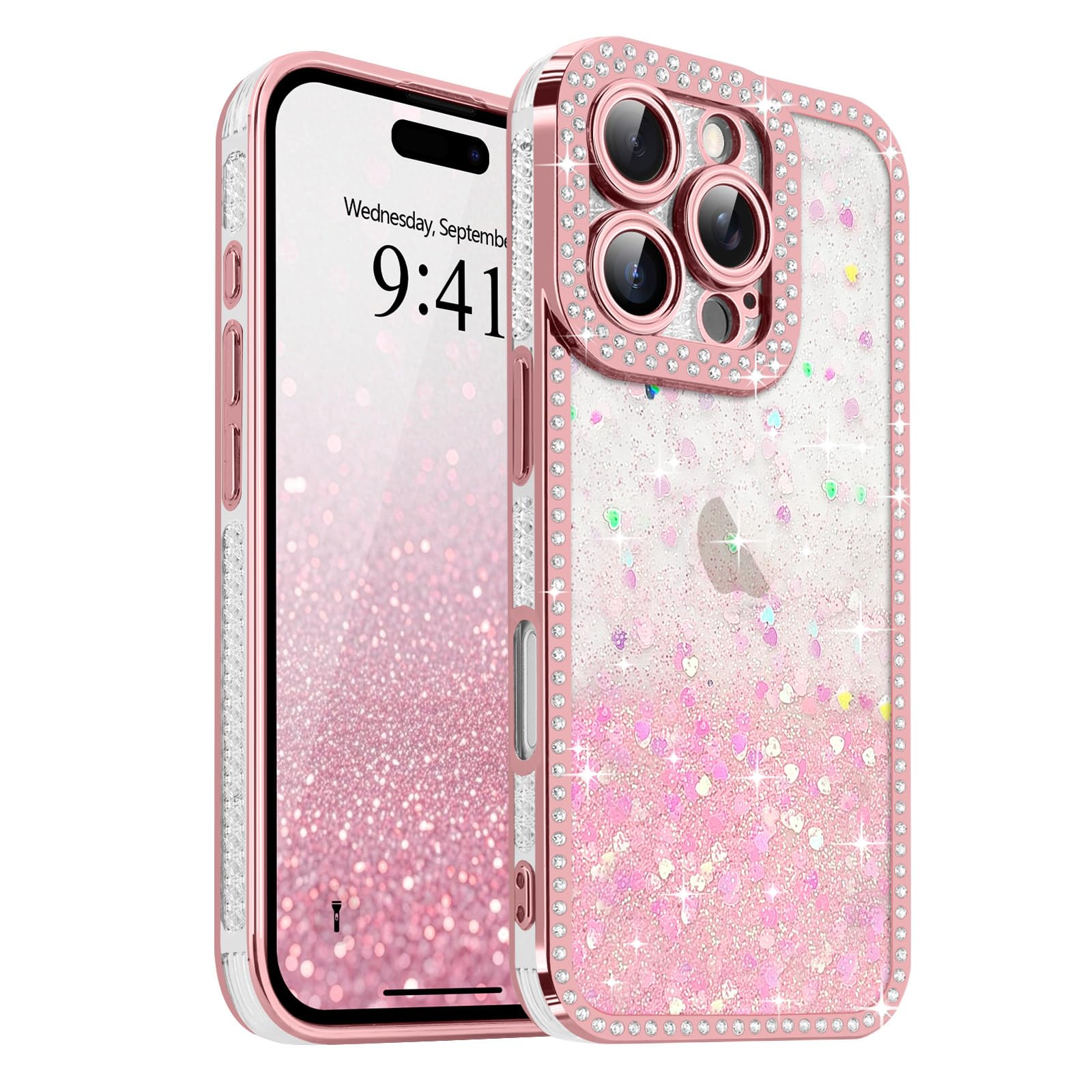 for iPhone 16 Pro Case Glitter, Bling Sparkle Heart Pattern Sequin Luxury Crystal Shiny Diamond Rhinestones Cover for Women Girls, Soft TPU Shockproof