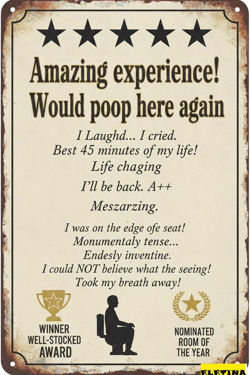 5 Stars Would Poop Here Bathroom Tin Sign, 8x12 Inch