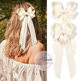 Aileam Hair Clip, 2PCS Hair Bows for Women Hair Clip Beige Silky Satin Ribbon Accessories with Metal Clips for Women Girls Toddlers Teens Kids