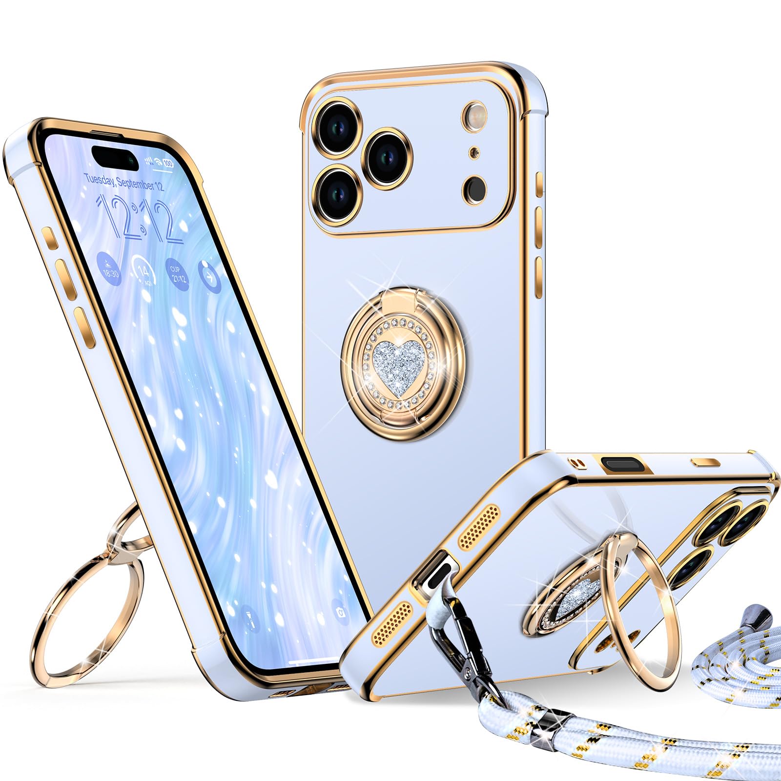 XYZ for iPhone 17 Pro Max Case with Stand, Double Ring Holder Case Heart with Lanyard for Girls Women, Luxury Cute Bling Protective Phone Cover for iPhone 17 Pro Max 6.9 inch, Blue