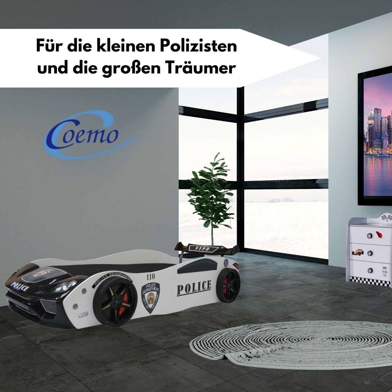 Coemo Kinder Autobett V2 Police Kinderbett 90x200 im Rennwagen super Streifenwagen Design mit LED Beleuchtung und Lattenrost für Jungen und Mädchen - Betten Farbe Weiß