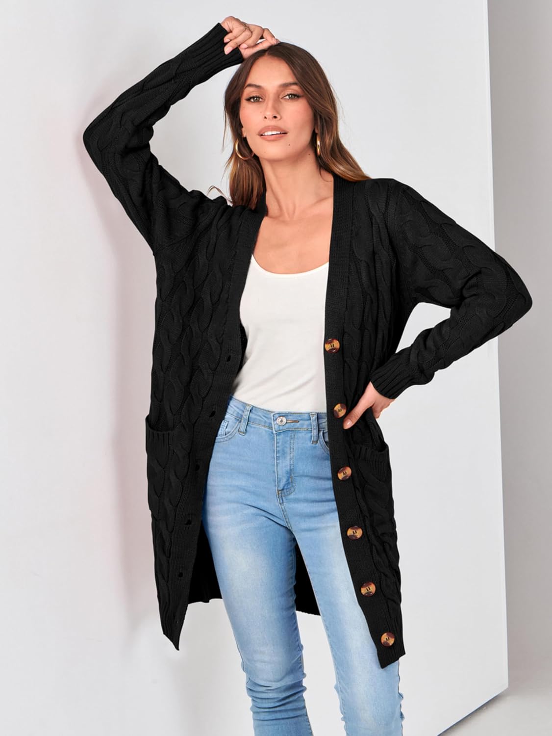 PRETTYGARDEN Long Sleeve Cable Knit Long Cardigan for Women 2026 Spring Winter Chunky Open Front Button Sweaters with Pockets - Image 3