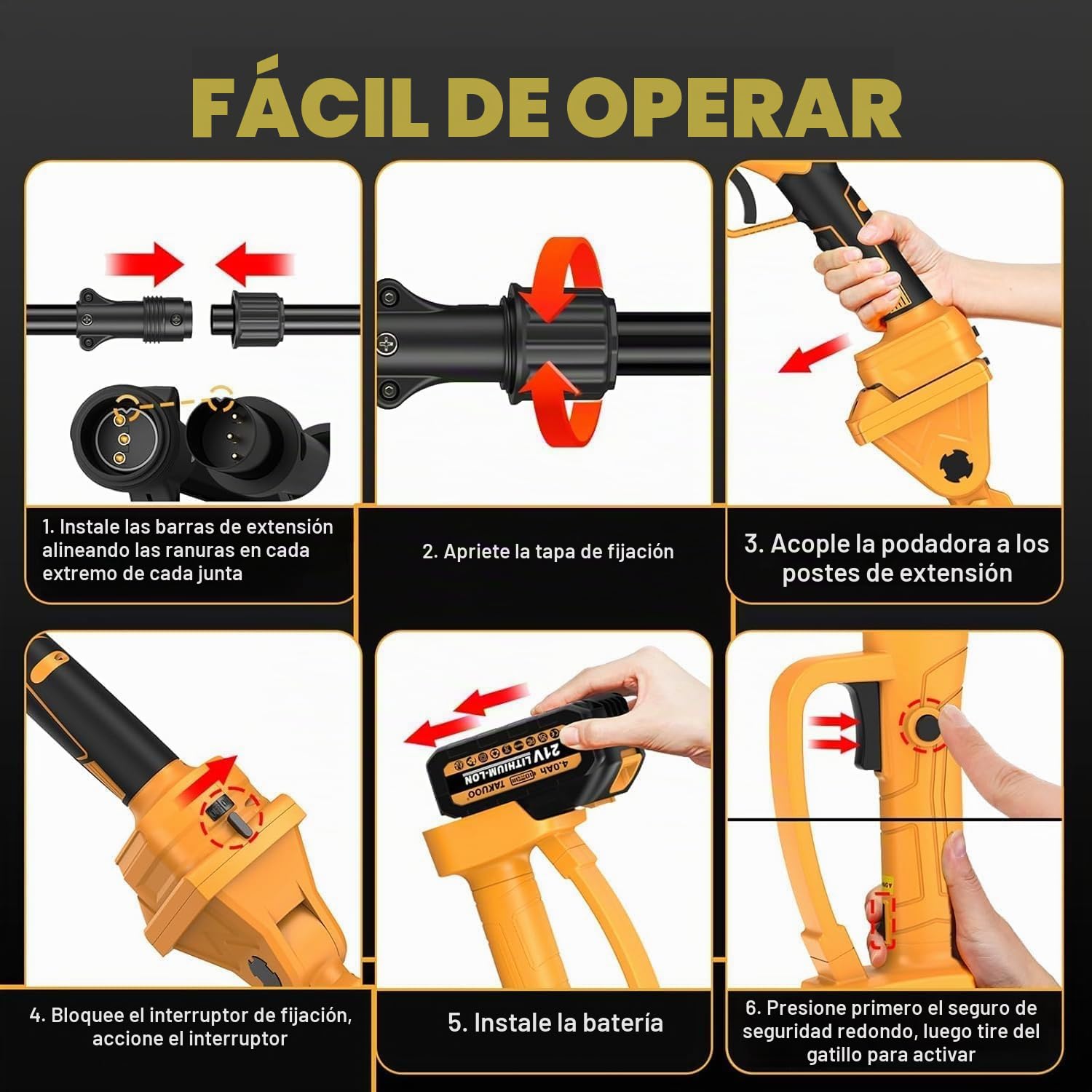 Tijeras de Podar Electricas, Con Mástil Telescópico de 200cm, Apertura de 50mm, 2 * 2000mAh Batería Tamaños de Apertura con Monitor Tijeras de Podar con 1000W Motor Brushless para Jardinería,Frutales