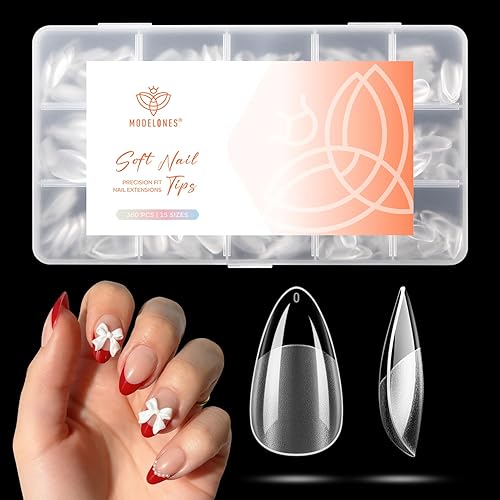 modelones Short Almond Nail Tips, 360pcs Pre-etched Clear Soft Press