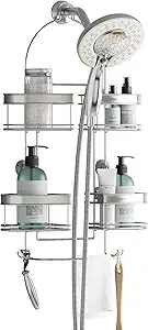 Zenna Home Rust-Resistant Hanging Shower Caddy for Handheld Shower Heads, Over the Shower Head Caddy with 2-Way Adjustable Baskets and Storage Hooks, Bathroom Hanging Organizer, Stainless Steel