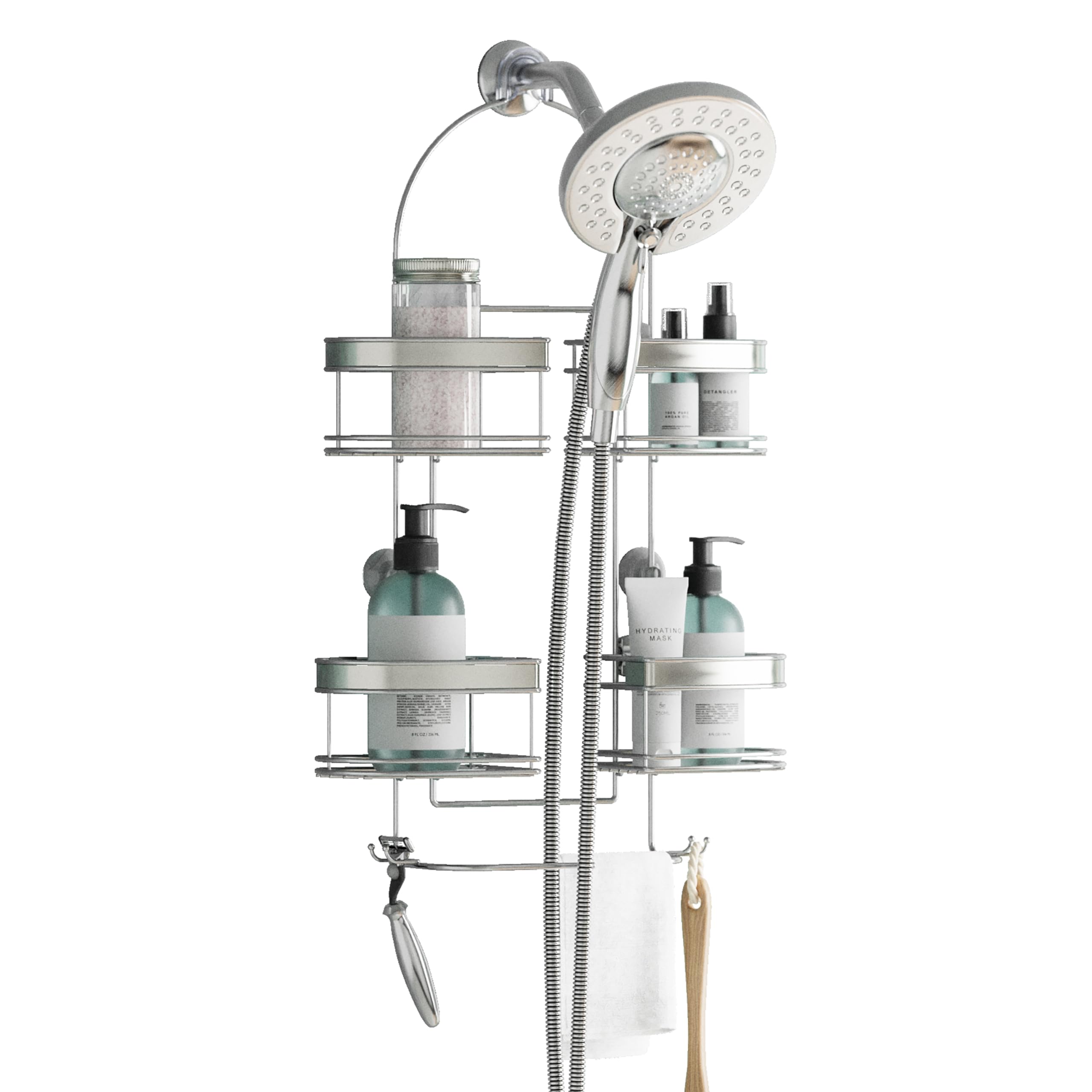 Zenna Home Rust-Resistant Hanging Shower Caddy for Handheld Shower Heads, Over the Shower Head Caddy with 2-Way Adjustable Baskets and Storage Hooks, Bathroom Hanging Organizer, Stainless Steel