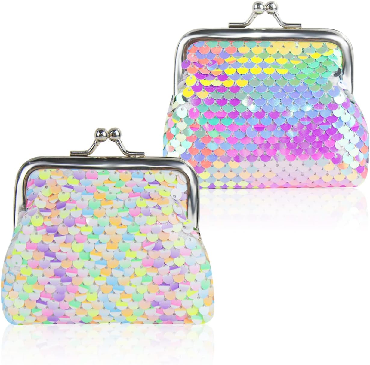Coin Purse 2 Pieces, Nylon Coin Purses for Women and Girls, Colorful and Double Sided Sequin Coin Wallet, Mini Purse with Kiss Lock for Change, Keys, Headset, Lipstick(Sequins, Multicolor)