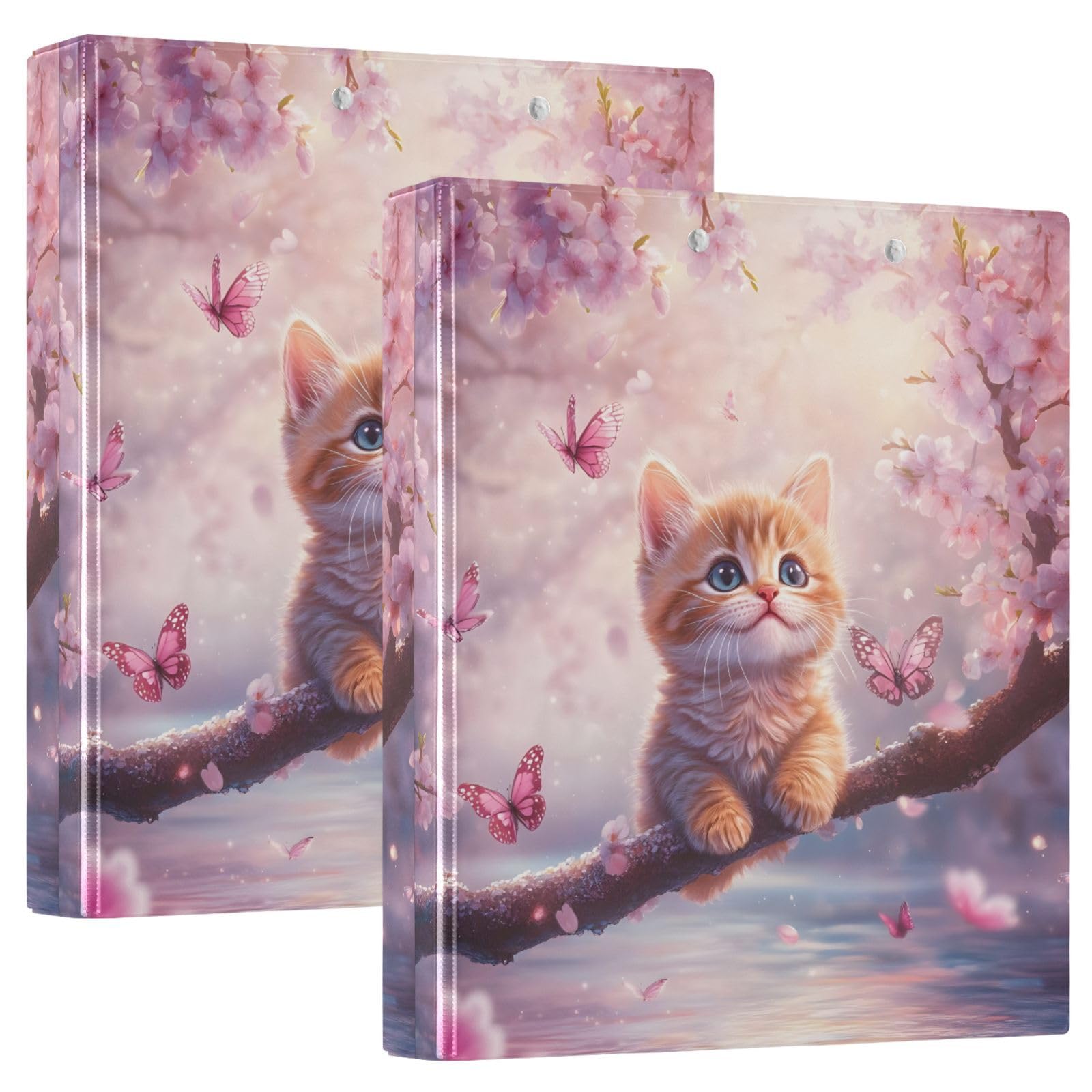 Carpeta impresa de tres anillas, carpeta de anillos en D con bolsillos, carpetas decorativas para la escuela, la universidad u oficina, lindo gato rosa
