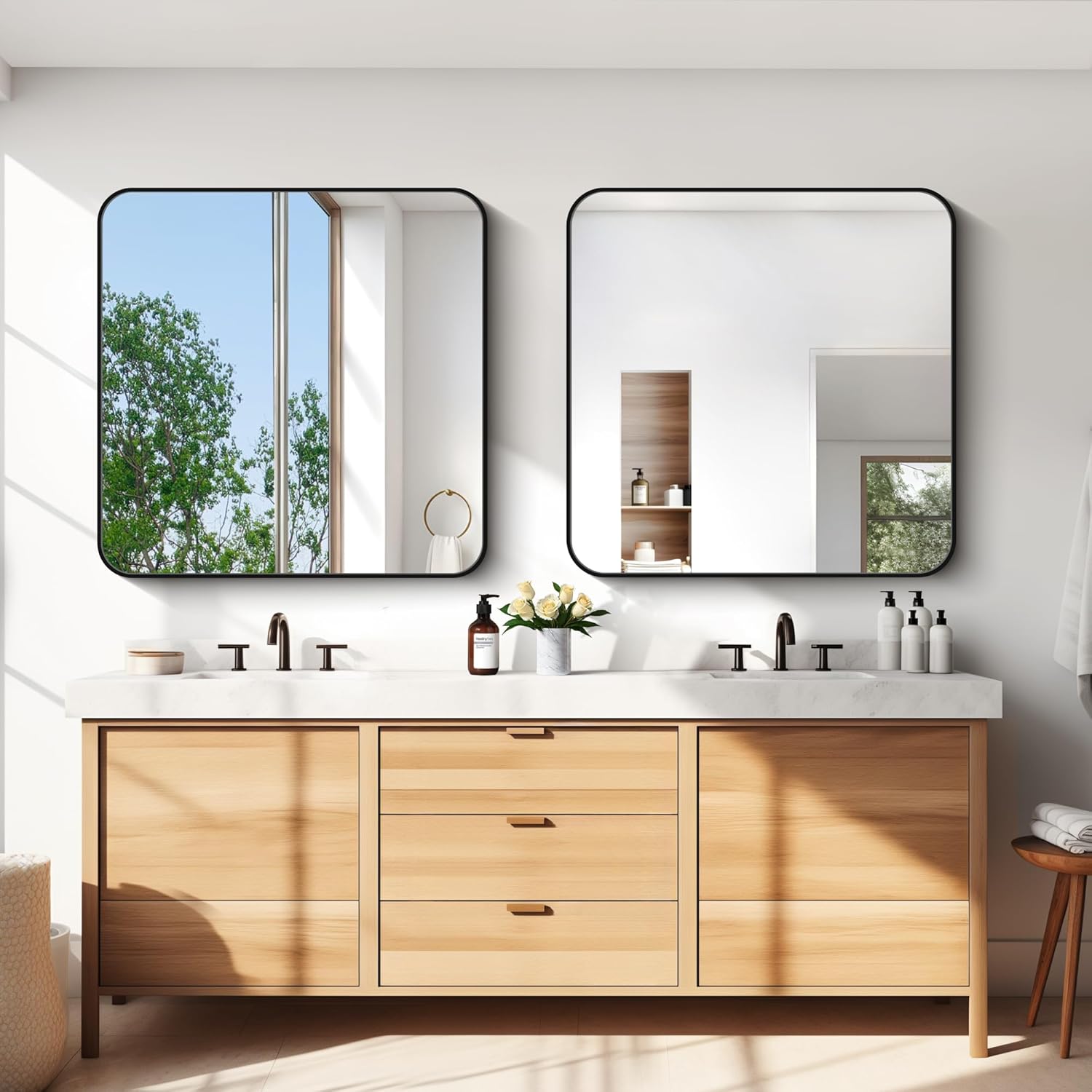 Bathroom Mirror, 36"x36" Black Square Wall Mirror, Metal Frame Rounded Corner Vanity Mirror, Large Wall Mounted Mirror for Modern Bedroom Living Room Horizontal Or Vertical Mounting