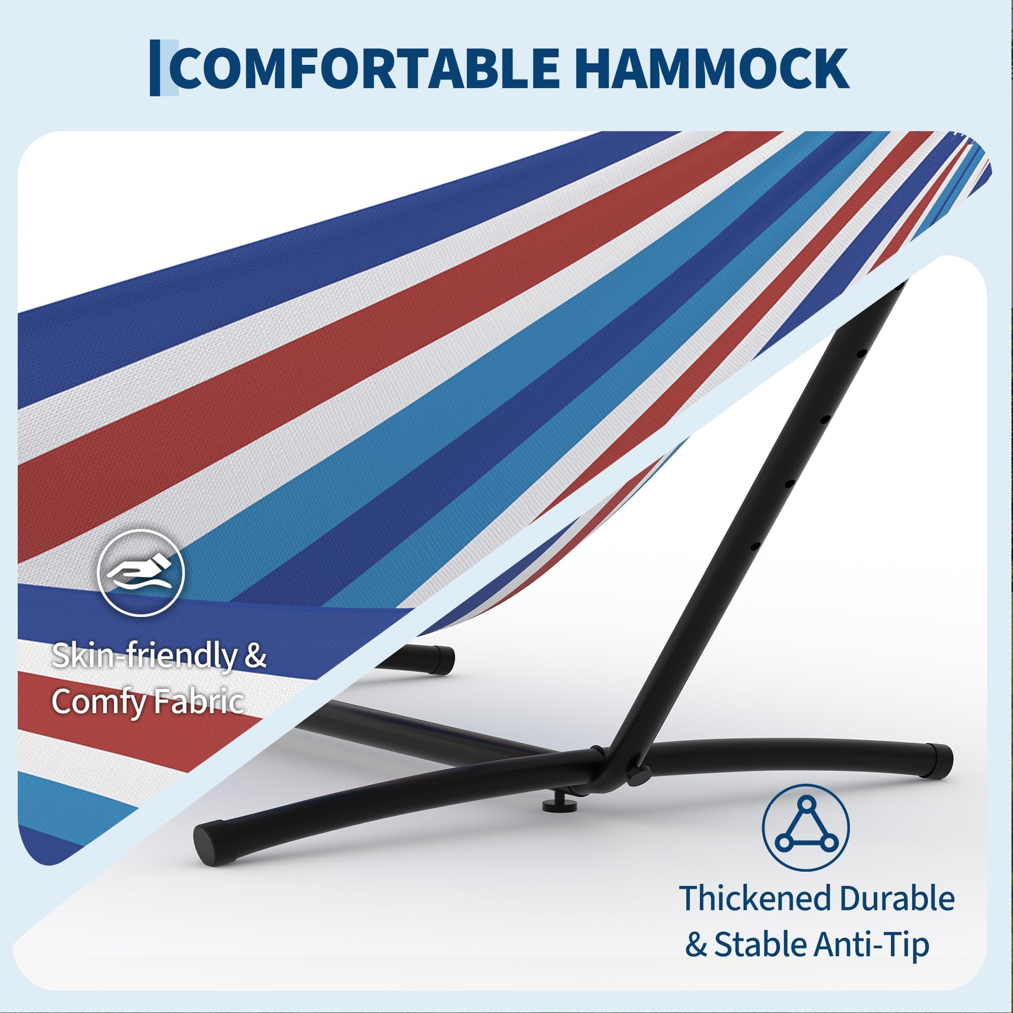Garvee Hamaca Portátil para 2 Personas Resistente 450 Libras con Soporte Plegable - Ideal para Jardín, Playa y Camping Exterior - Rayas Azules, Blancas y Rojas