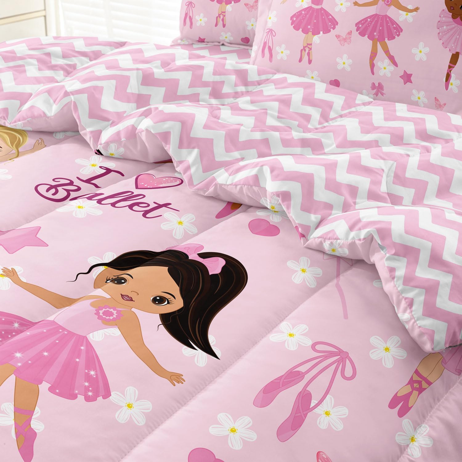 Full Bedding Set for Girls Kids 5 Pieces Comforter Sets Bed in a Bag Pink Floral Ballerina Bedding Comforter Sheet Set Cute Bedroom Decor - Image 5