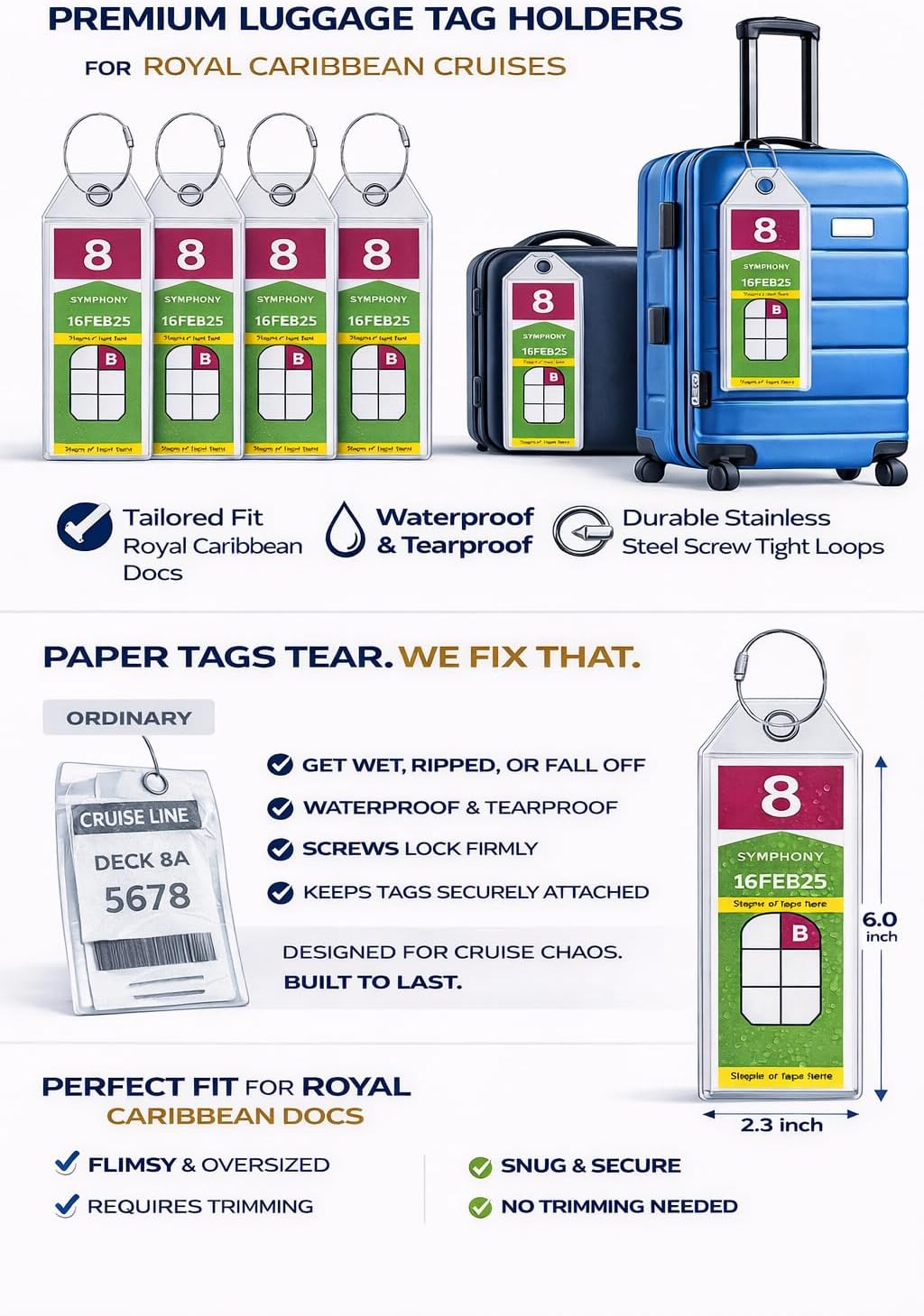 Royal Caribbean Cruise Luggage Tag Holders (4 Pack) - fits Royal Caribbean Tags 2026-2027. Clear Waterproof PVC with Steel Loop Fasteners. Cruise Essentials.