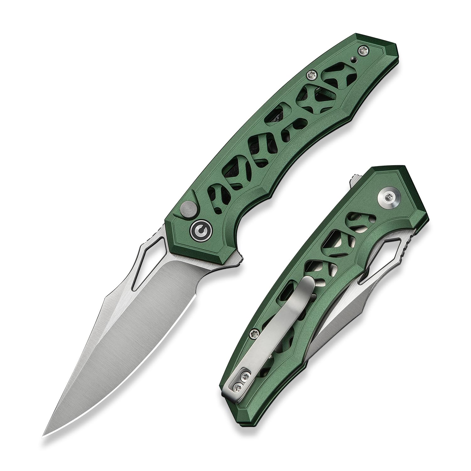 CIVIVI Anaaki Folding Pocket Knife, 2.98" Nitro-V Blade Aluminum Handle with Reversible Clip, Lightweight Skeletonized EDC Knife for Camping Hiking C24039-3, Green