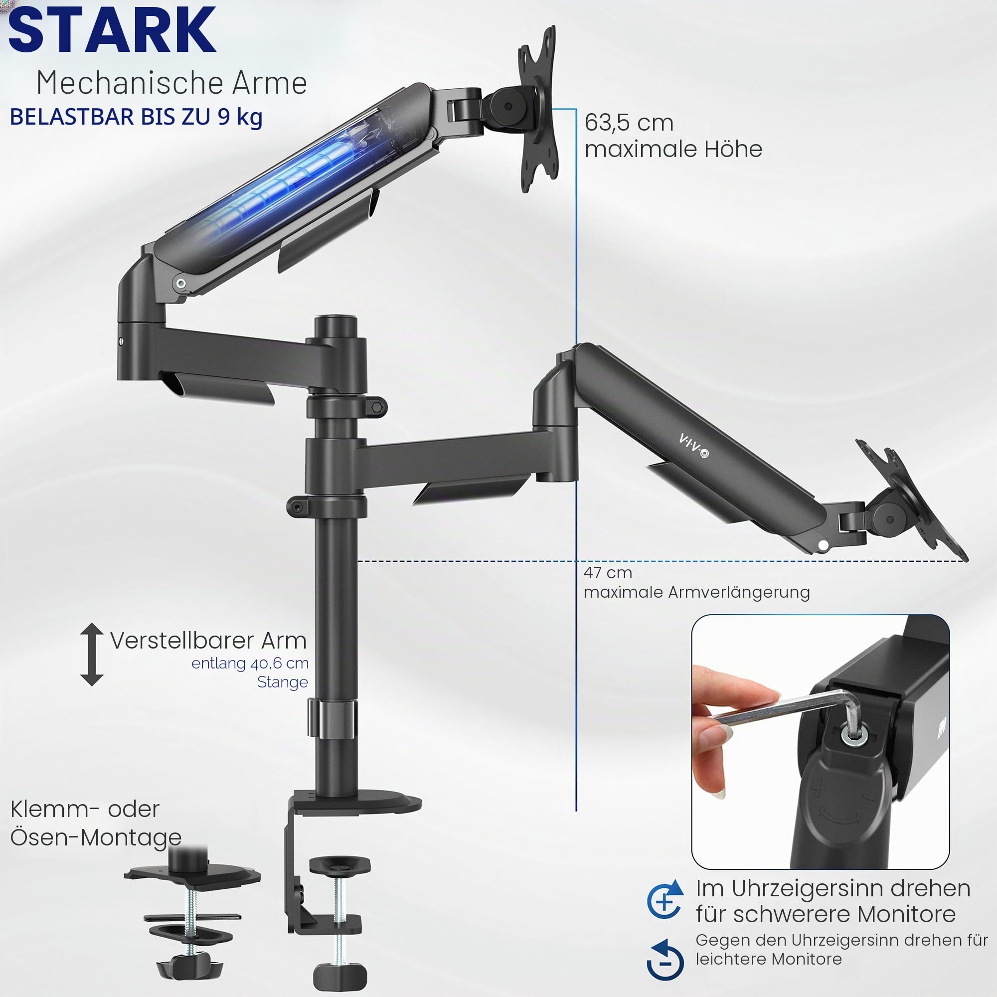 Vivo Pneumatischer Arm Dual Monitor Tischhalterung für 2 Bildschirme bis – Bild 3