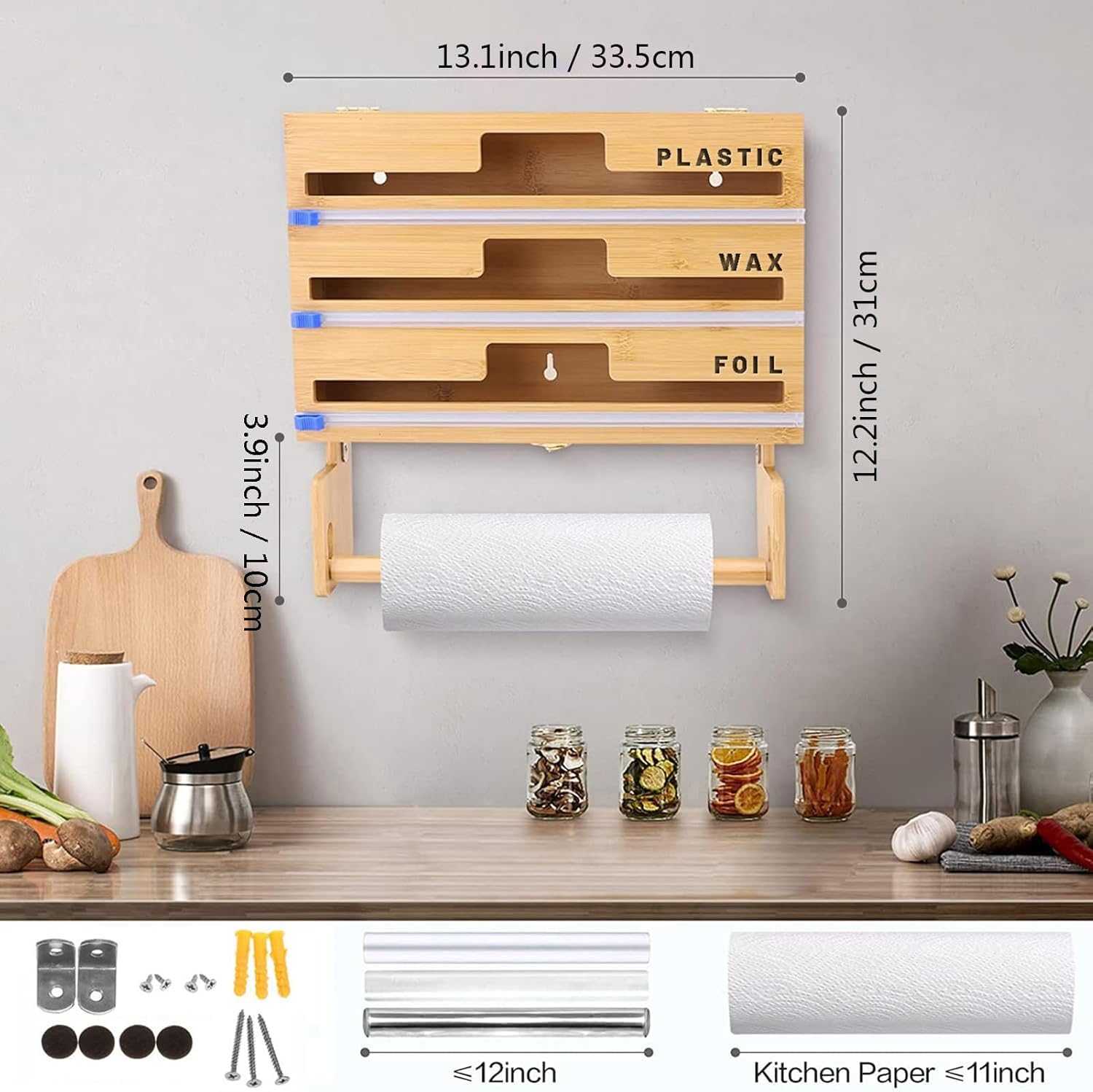 Distributeur de film plastique avec cutter, organiseur 4 en 1 pour papier d'aluminium et papier essuie-tout, solution de rangement et d'organisation de cuisine en bambou, style 2