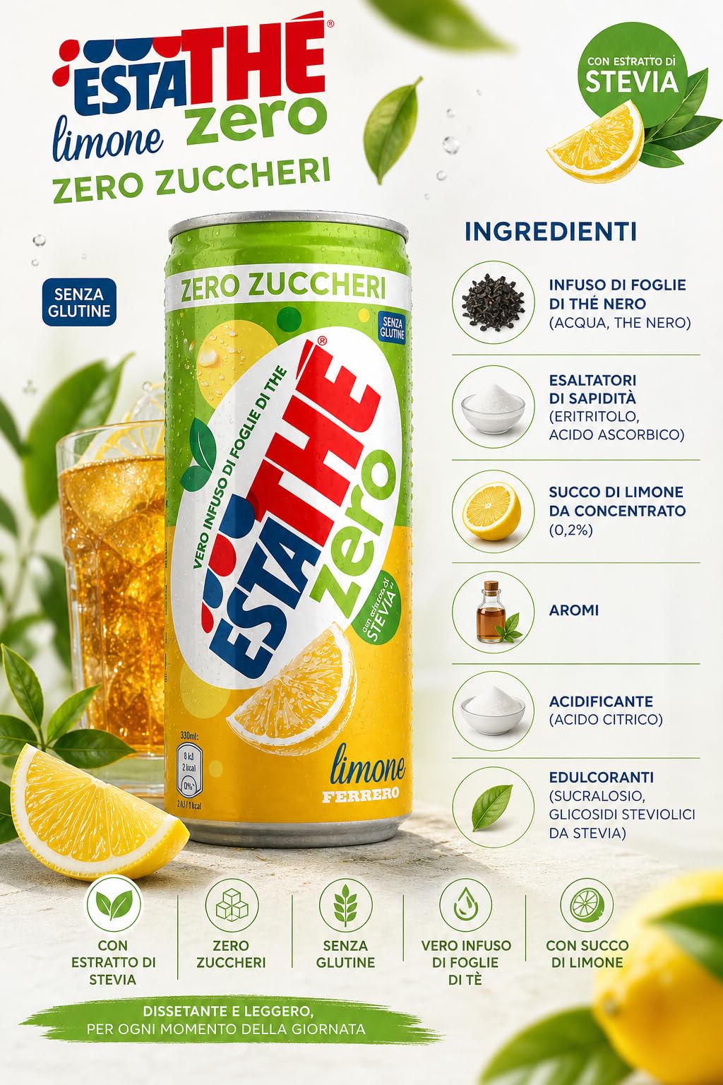Italian Gourmet Bundle Zuckerfreier Zitronen-Eistee 24x 330ml + Italian Gourmet Polpa Gratis – Erfrischungsgetränk mit Tee-Aufguss, Zitrone & Stevia-Extrakt, glutenfrei 7,92L