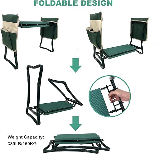 Miniatura 5 de LAIKOU Banco de jardín y asiento con 2 bolsas de herramientas gratis, taburete plegable para facilitar el almacenamiento, almohadilla de espuma EVA,