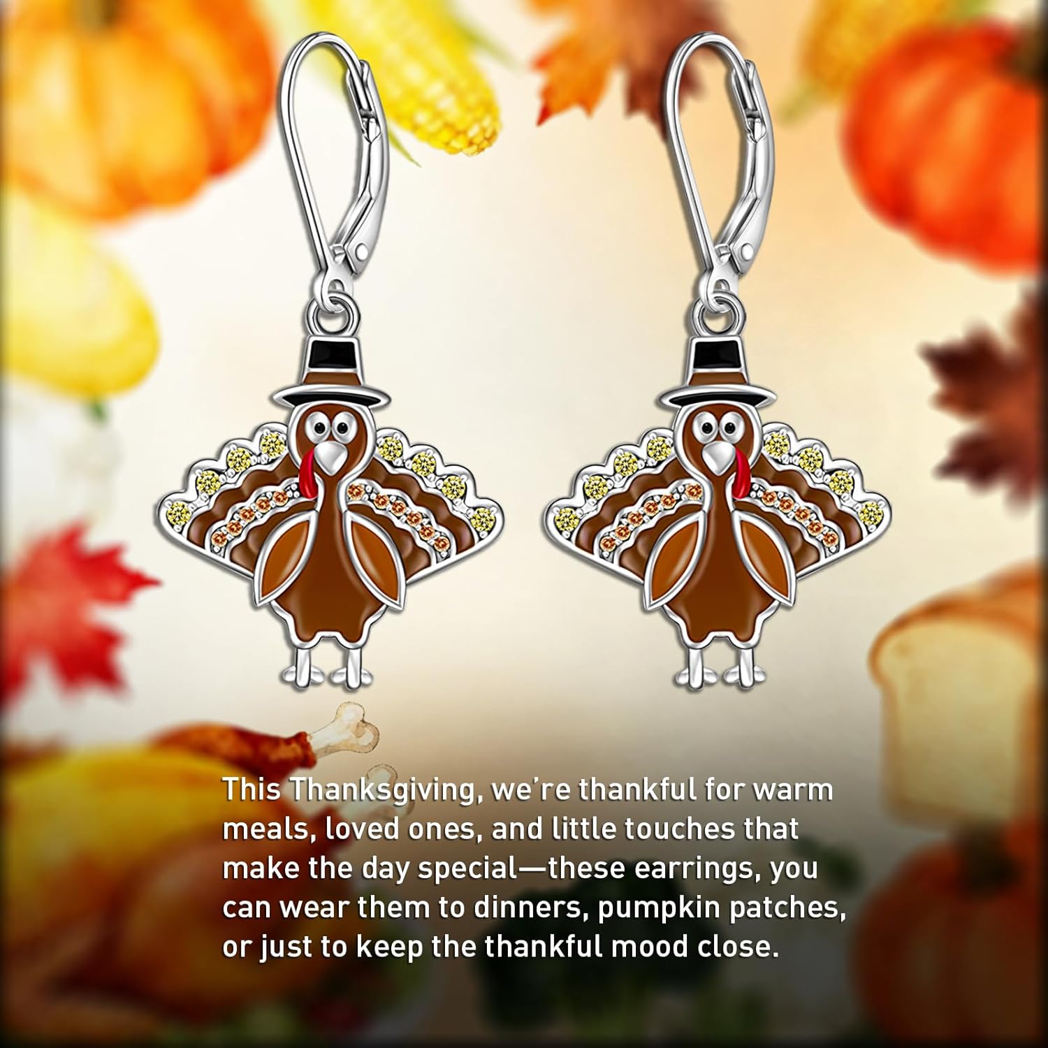 Thanksgiving Earrings Turkey Earrings for Women Sterling Silver Fall Thanksgiving Day Turkey Dangle Earring Jewelry Gift - Image 3