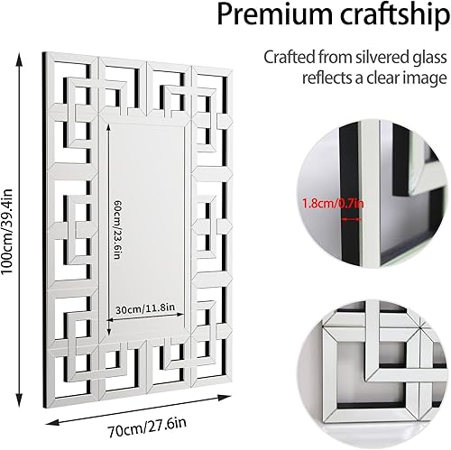 Miniatura 4 de Espejo de pared griego decorativo 40 x 28 pulgadas rectangular grande plateado con borde de marco de vidrio biselado, espejo veneciano moderno