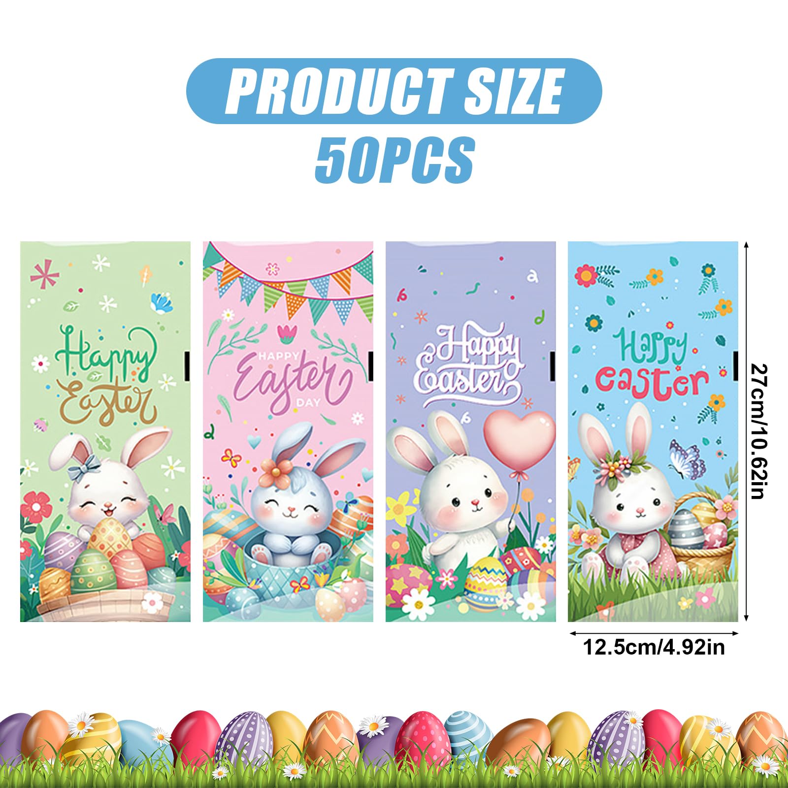 50 Oster-Geschenktüten Aus Zellophan – 4 Designs, Mit Bändern, 27,9x13,5 Cm
