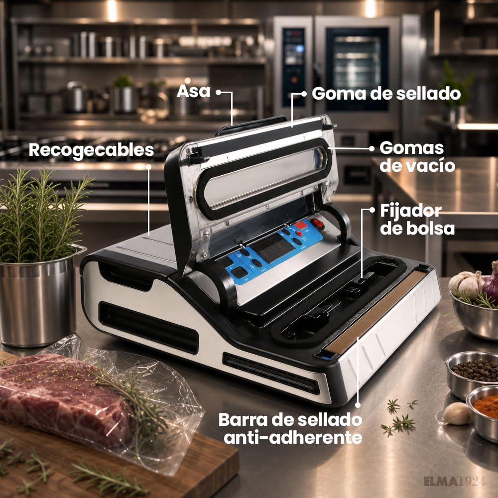 ELMA Envasadora al Vacío Profesional Digit Free | 20 L/min | Acero Inoxidable | Pantalla LED | Sellado MOIST para Húmedos, Función Marinado | Portarrollos con Cutter | Uso Intensivo