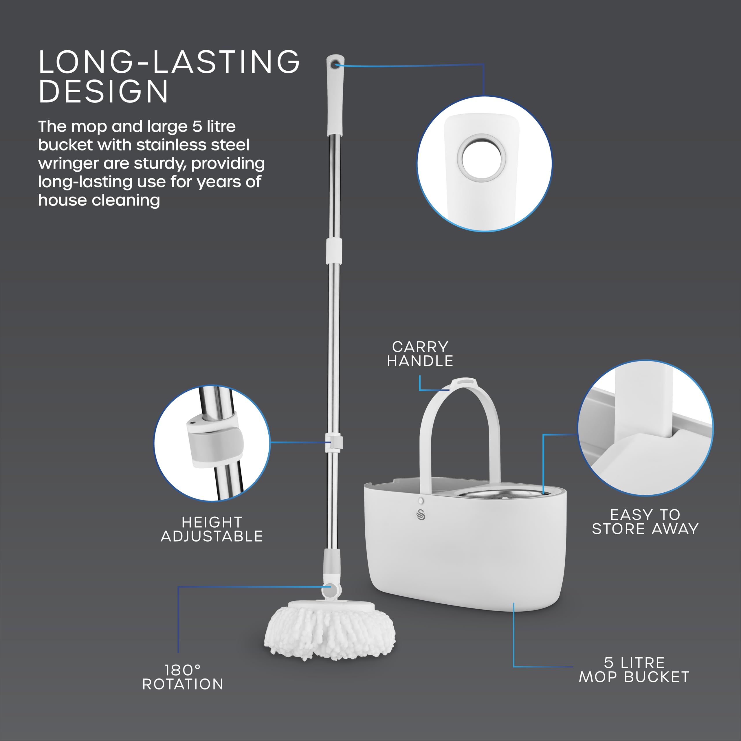 Swan SWFC2011WHTN Elevate Spin Mop e secchio da 5 litri con strizzatore in acciaio inox, testa in microfibra super assorbente, meccanismo a pompa manuale, facile da riporre, bianco