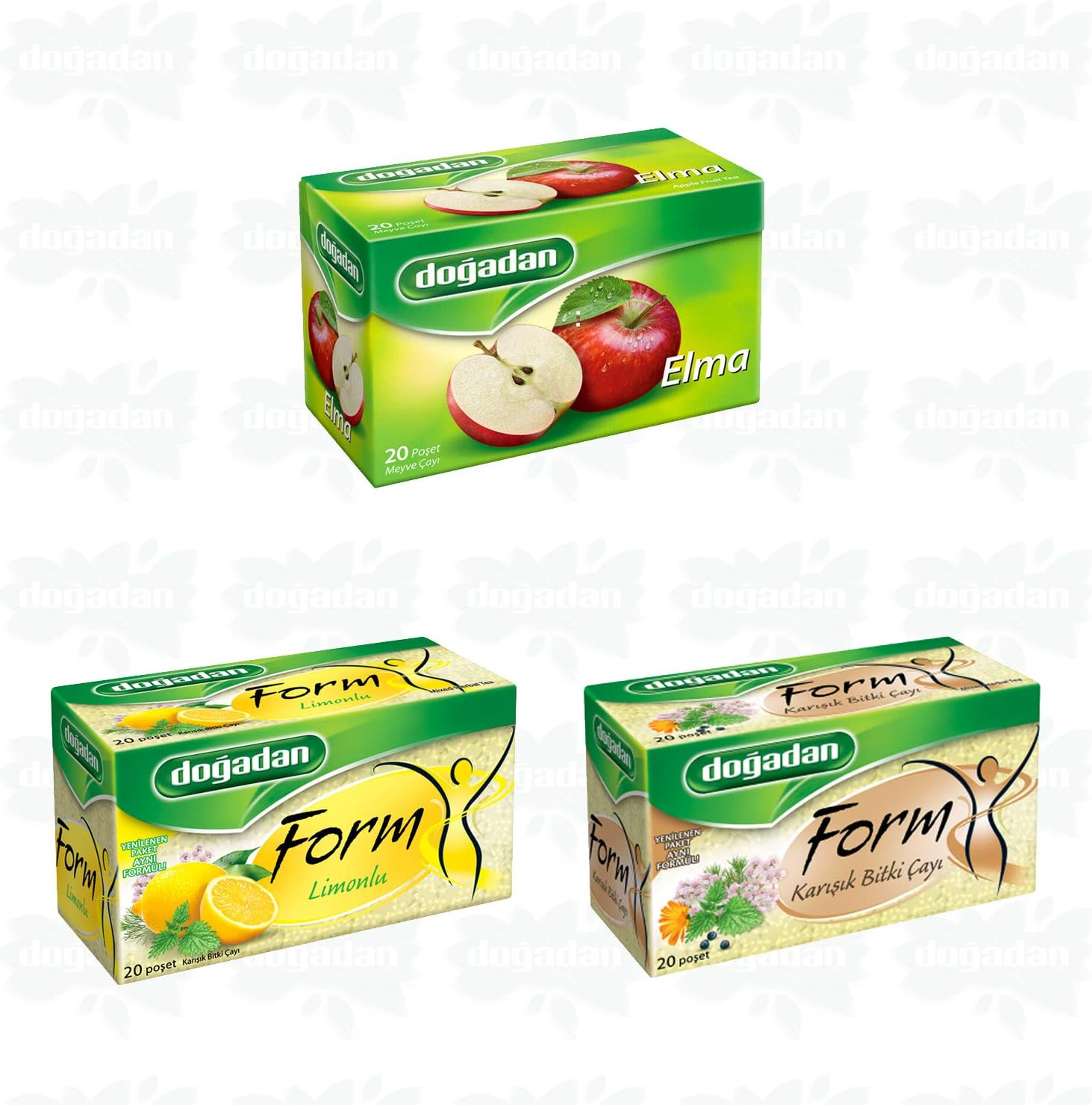 Dogadan Tea - Apple Tea (1 Box / 20 Tea Bags) - Form Mixed Herbal Tea (1 Box / 20 Tea Bags) - Form Mixed Herbal Tea with Lemon (1 Box / 20 Tea Bags) - 3 Boxes 60 Bags