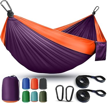 Camping Hammock Lightweight, Portable Hammocks Parachute Hammock with Two Tree Straps, Single or Double Travel Swing Nylon Camp Hammocks, Outdoor Essentials for Beach Backpacking Hiking, Orange