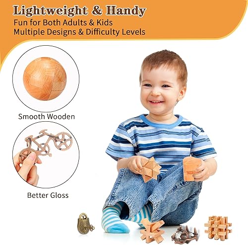 Miniatura 3 de Liliful Paquete de 12 rompecabezas de madera para el cerebro para niños, niñas y adultos, desbloqueo 3D, rompecabezas de madera, rompecabezas de