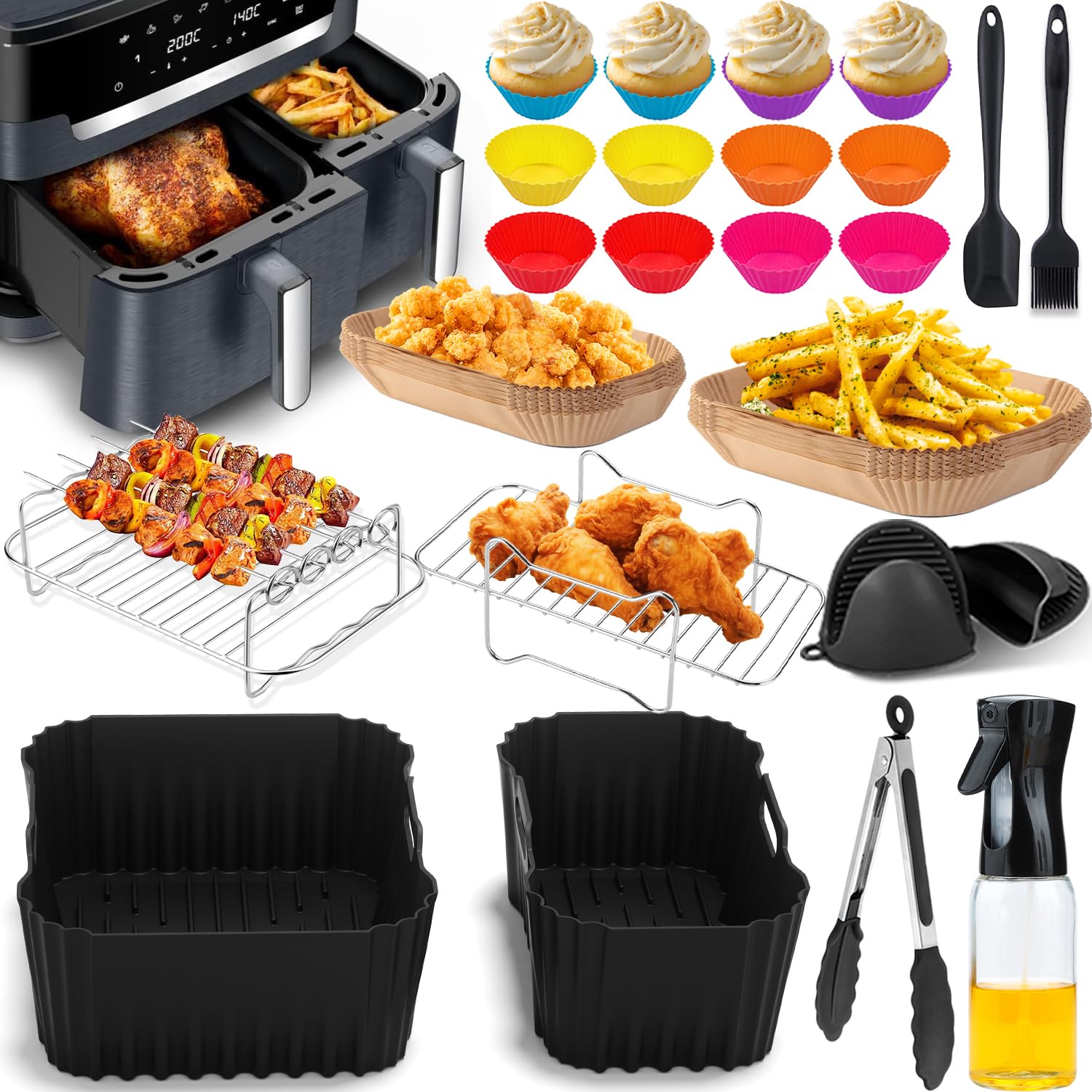 Tefal Accessori friggitrice ad aria calda – Accessori Airfryer per Tefal EY942B Dual Easy Fry XXL 11L (6,5/4,5L), 24 pezzi Air Fryer Accessories – Stampo in silicone per grigliate, carta da forno