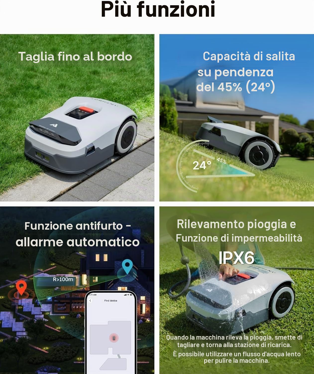 ANTHBOT Genie600 - Robot tosaerba senza fili, 900 m², RTK multibanda+4 telecamere di AI, Gestione 20 Zone, Evitamento ostacoli, Ricarica automatica+Ripresa di falciatura, pendenza al 45%