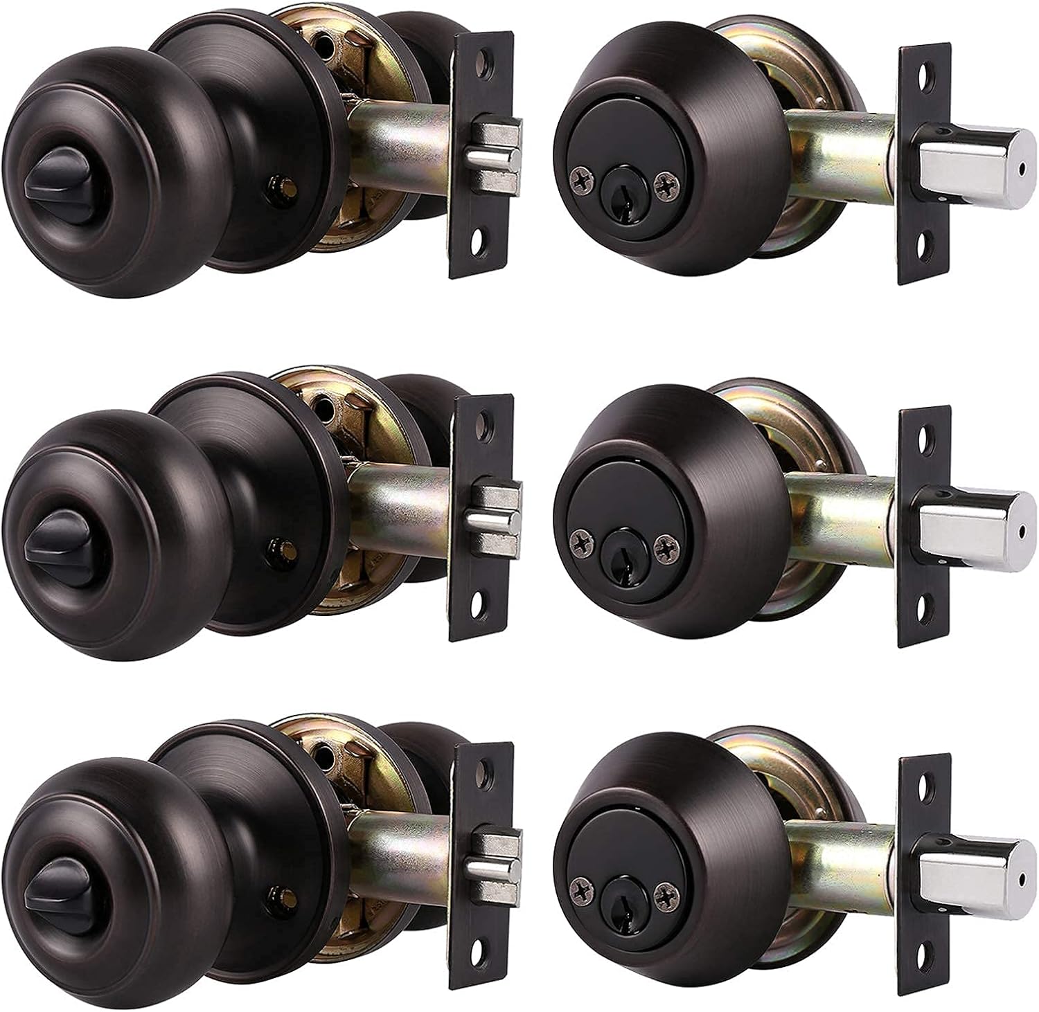 Probrico (3 Set Entry Door Knobs and Double Cylinder Deabolt Lock Set with (5 Pack) Privacy Door Knobs, Interior Exterior Door Lock Knobs, Oil Rubbed Bronze Finish