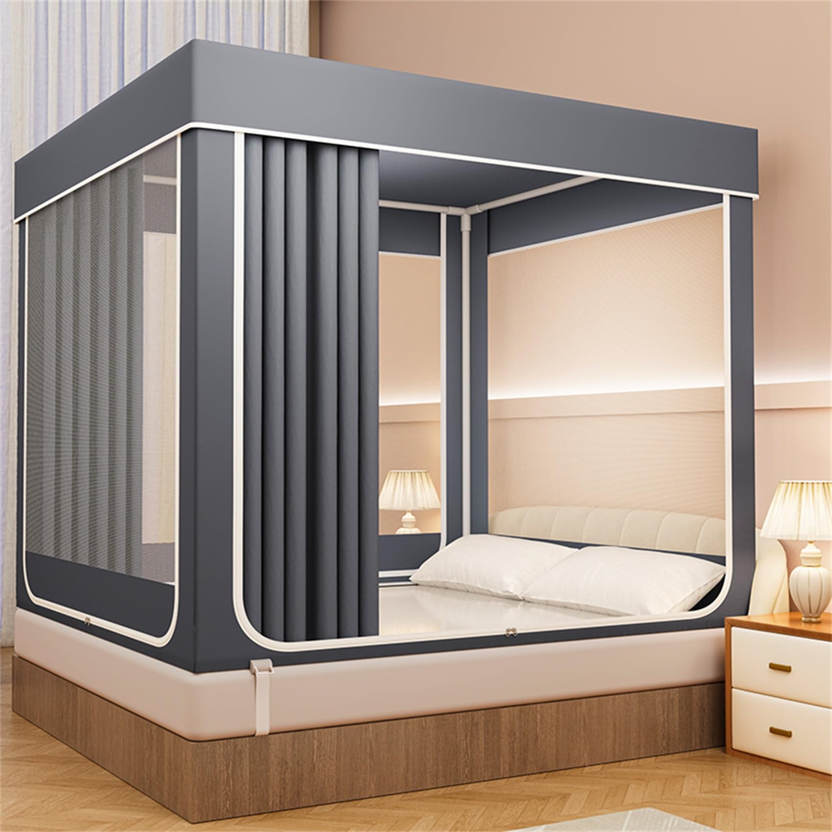GUOIOOI Bed Tent Twin Size – Privacy Blackout Canopy for Shared Rooms,Sleep Tent with Three‑Zip Openings & Side Pockets for Teens and Adults(Grey,120X200cm/Twin XL)