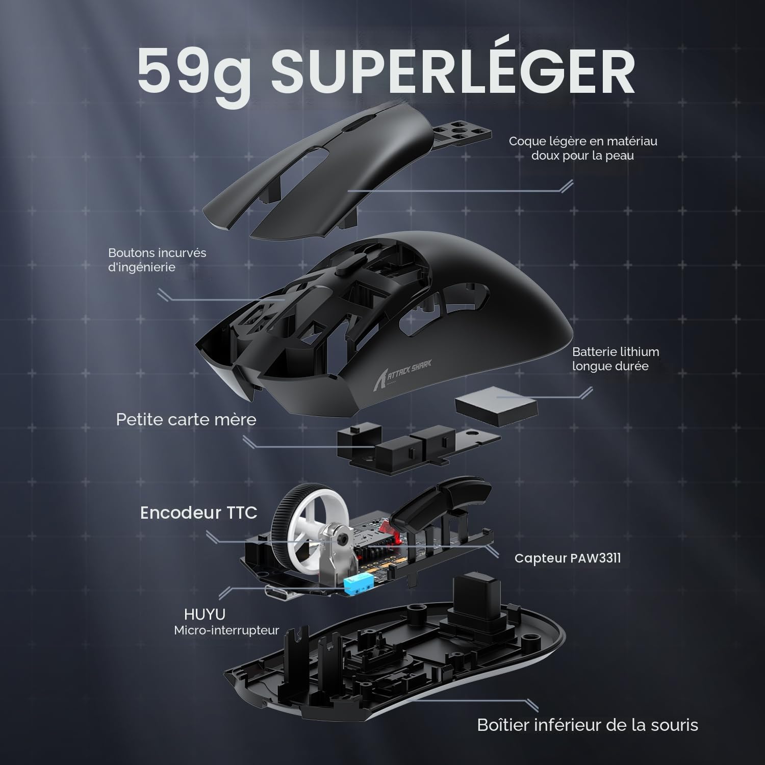 ATTACK SHARK R1 Souris Superlight 59 g, capteur de Jeu PixArt PAW3311, Souris de Jeu sans Fil/Filaire BT/2,4 G, 6 DPI réglables jusqu'à 18 000, Batterie de 65 Heures (Noir)