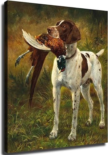 Póster impreso con texto en inglés "A Hunting Dog with a Pheasant" (Un perro de caza con un faisán) - Lienzo decorativo moderno para dormitorio