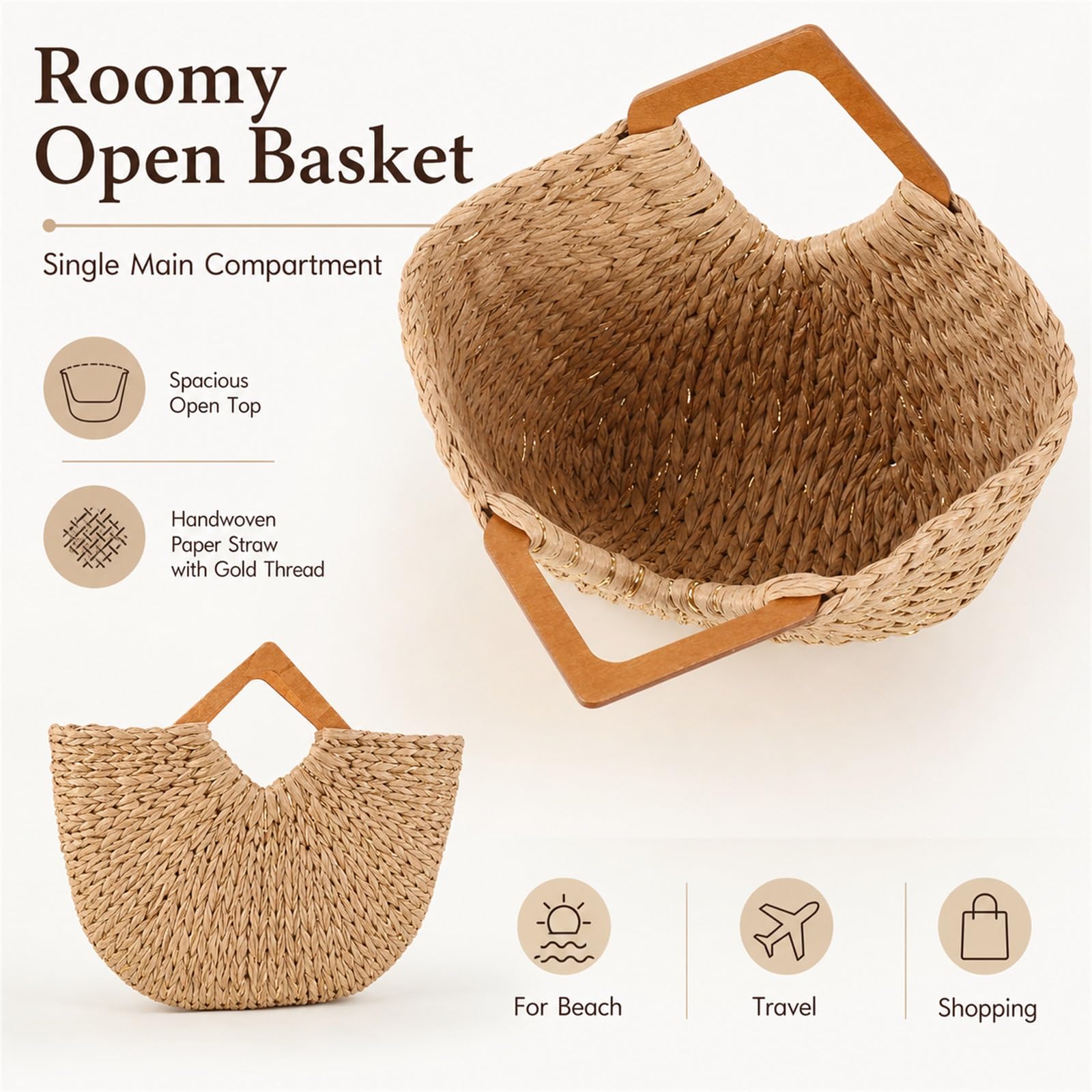 Sac De Plages en Paille,Panier De Plages en Osier,Panier De Plages en Paille,Sac Cabas en Paille,Sac De Shopping Tressé,Sac De Plages en Paille pour Femme Grande Capacité