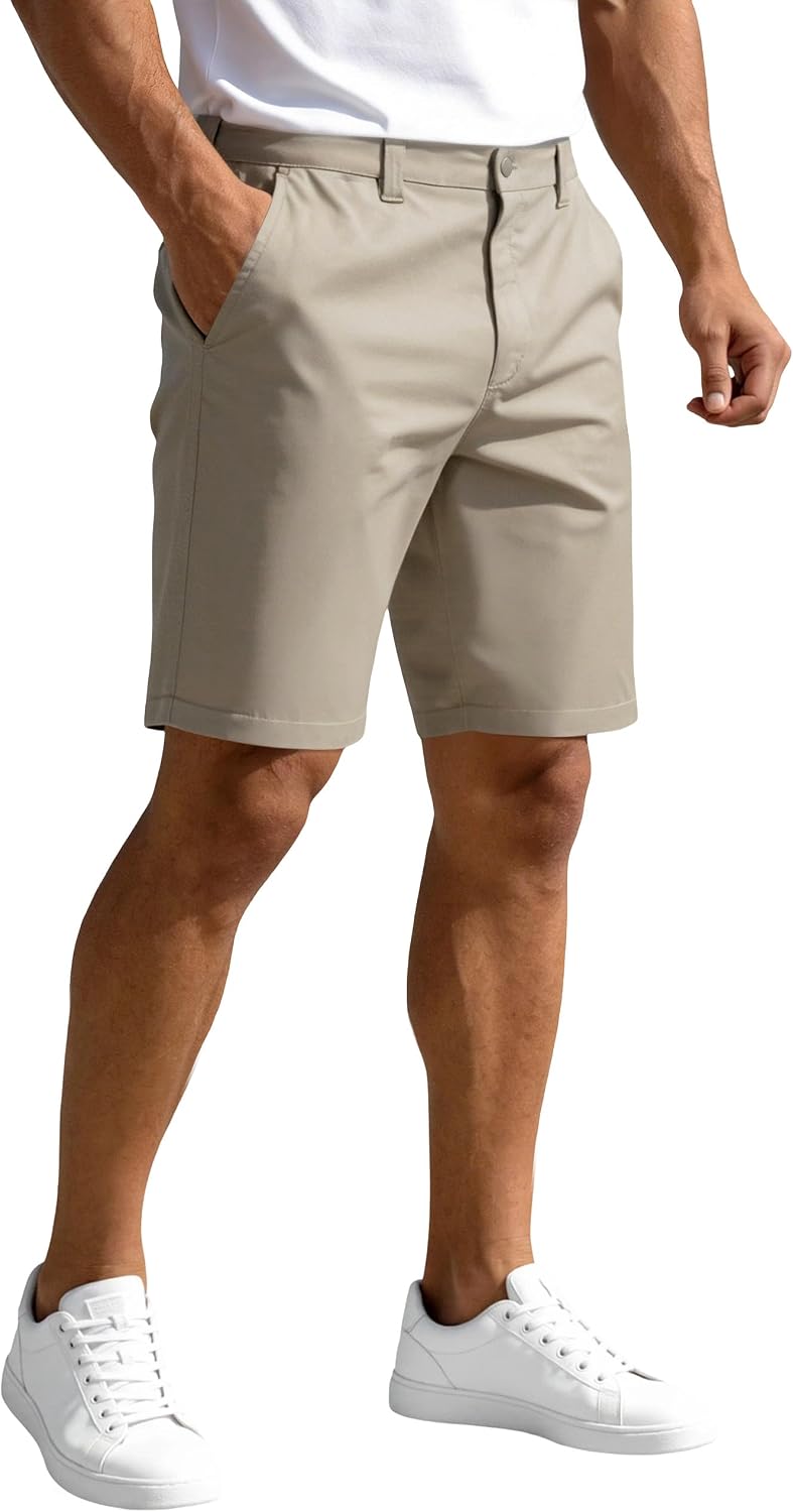 PULI Men's Golf Dress Shorts 9 Inch Flat Front Stretch Hybrid Lightweight Quick Dry Chino Shorts with Zip Pockets