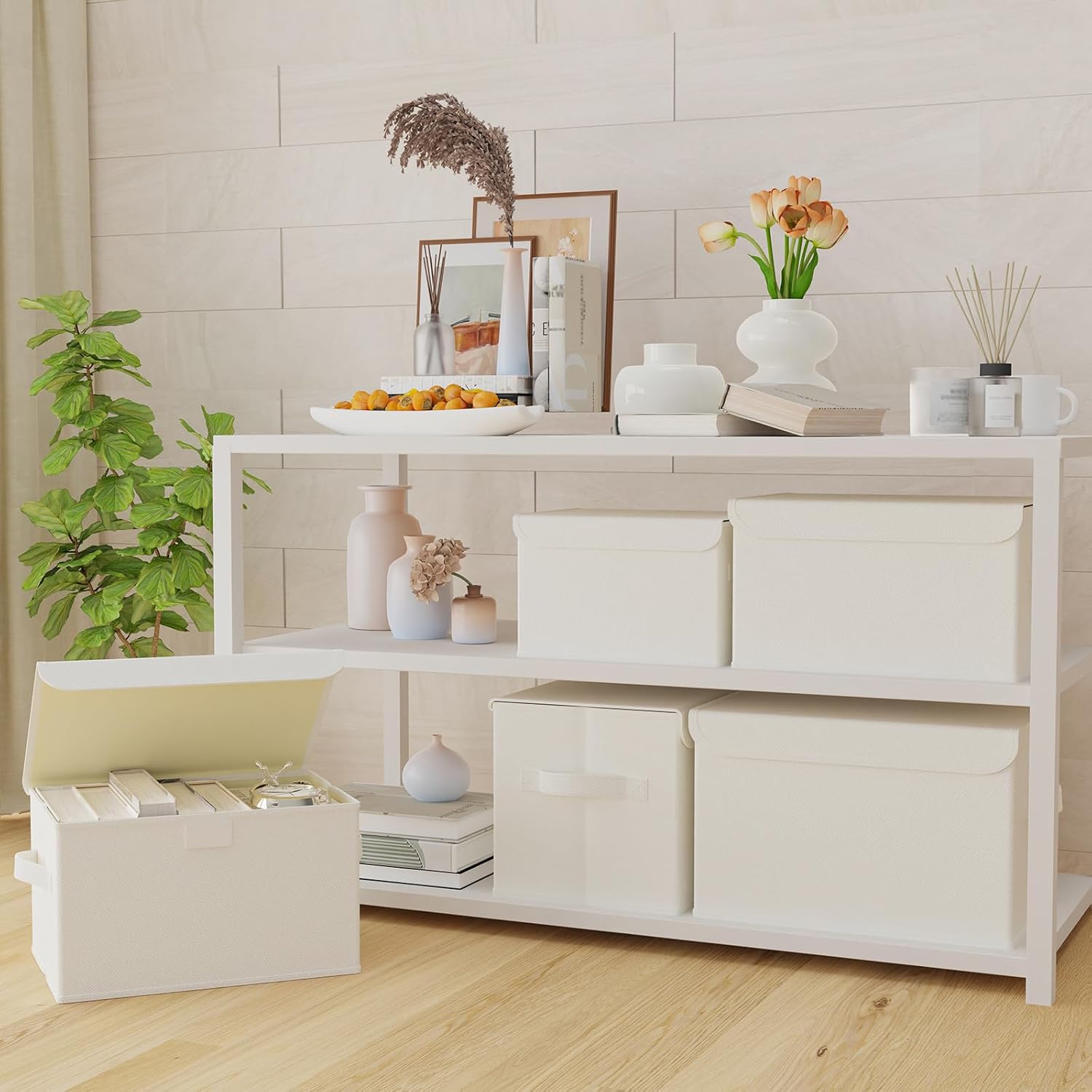 Storage Bins with Lids for Organizing, Closet Boxes with 2 Carrying Handles and Sturdy Heavy Cardboard, Home Organizers Cubes, 4 Pack, Beige, 15 x 9.8 x 9.8 In, XSNY12BEL-4